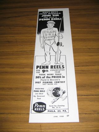 1958 Vintage Ad Penn Fishing Reels Happy Fisherman Cartoon Philadelphia,  Pa