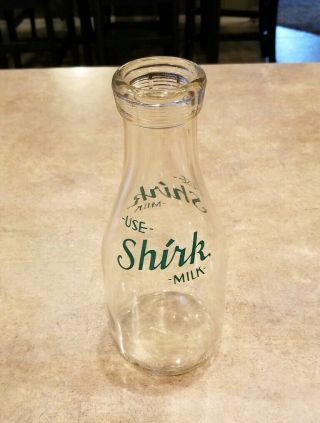 Use Shirk Milk Bottle,  1 Quart Old Vintage Glass Milk Bottle,  Green Lettering