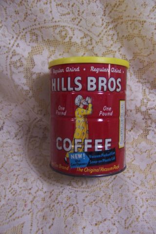 Vintage Hills Bros 1 Lb.  Coffee Tin W/ Yellow Plastic Lid No Bar Code