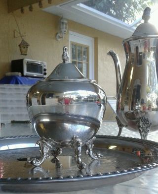 Silver Plated 3 - Piece Footed Leonard Teapot,  B.  S Co.  Sugar Bowl & W.  R 161Tray 3