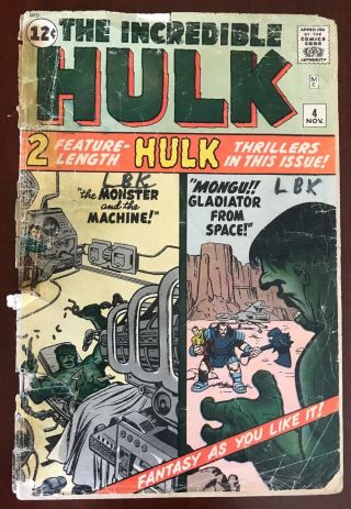The Incredible Hulk 4.  Marvel.  1962.  Stan Lee.  Jack Kirby.  Silver Age.  Fr 1.  5