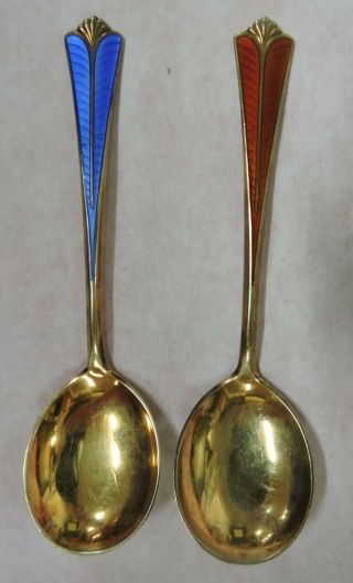 2 Vtg David Andersen Norway Sterling Guilloche Enamel Bouillon Spoons