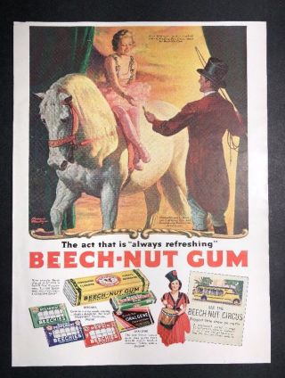 1937 Beechnut Gum Ringling Bros Circus Horse Pretty Lady Ad Rieffenach