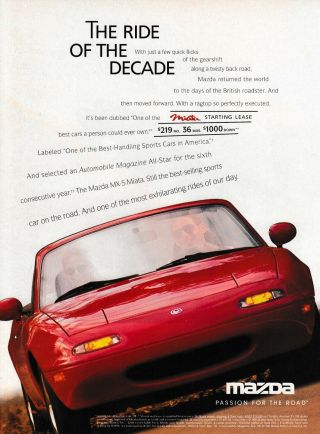 1996 Mazda Mx - 5 Miata Convertible Photo " The Ride Of The Decade " Promo Print Ad