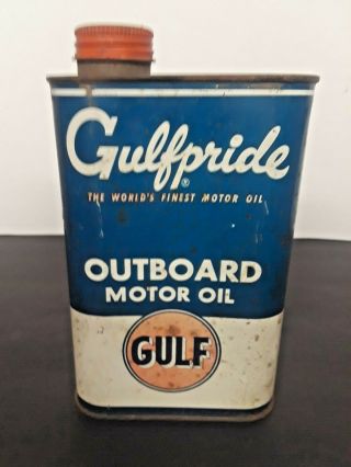 Vintage Gulf Gulfpride Motor Oil Cans Metal Qt Outboard (full)