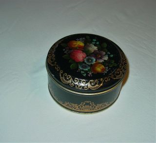 Vintage Tin Made In England Black / Gold With Flowers Round 1985 Container