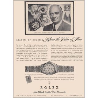 1950 Rolex Watch: Conrad Hilton Vintage Print Ad