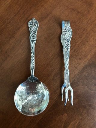 Vintage Nils Johan Sweden Extra Silveplate Sugar Cube Tongs And Jelly Spoon