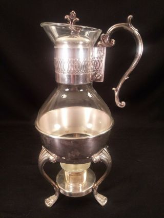 Vintage F.  B.  Rogers Silver Plated & Glass Coffee Carafe Pot With Warmer Stand.