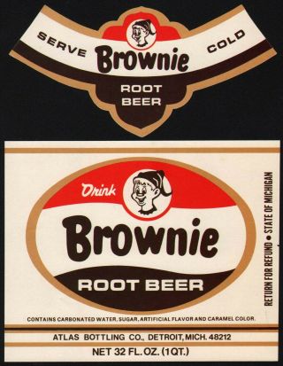 Vintage Soda Pop Bottle Label Brownie Root Beer Elf Pictured Detroit Michigan