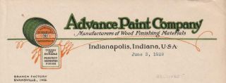 1929 Letter Advance Paint Co.  Mfg.  Of Wood Finishing Materials Indianapolis,  In.