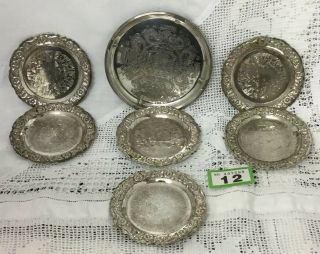 Set Of 6 Ornate Vintage Engraved Silver Plate Coasters & Bottle Coaster