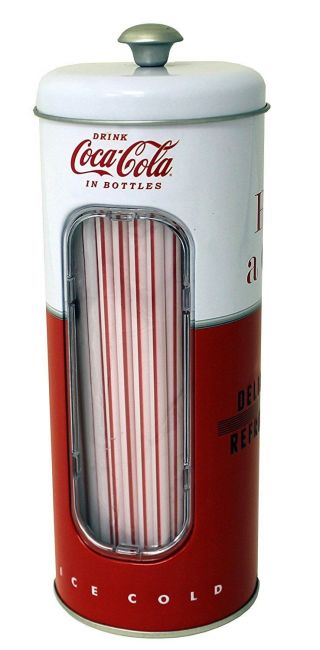 Coke Coca Cola Tin Straw Holder Container W/ 50 Straws