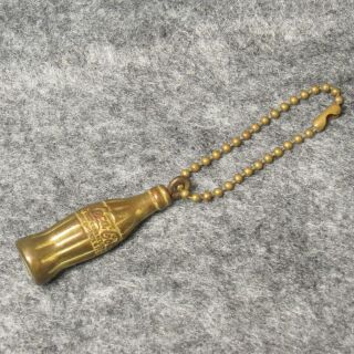 Vintage Bronze Tone Metal Coca Cola Bottle Keychain Keyring Fob W/ Bead Chain