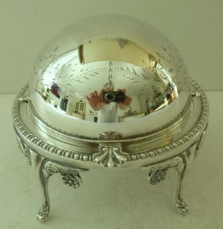Antique Silver Plate On Brass Globe Butter Dish Serving Bowl Engraved England