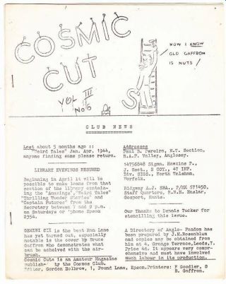 Cosmic Cut Vol.  3 6 - 1945 British Science Fiction Fanzine - Cosmos Club News