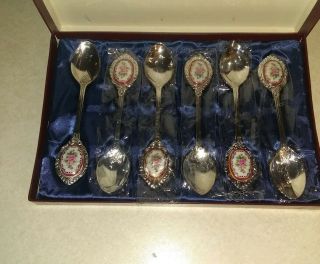 Rare Silverplate And Porcelain Rose Demitasse Spoons Set Of 6 Made In Korea
