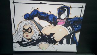 Black Cat Vs Venom (naughty) By Dimitrius Miller 9x12 - Pinup Comic Art