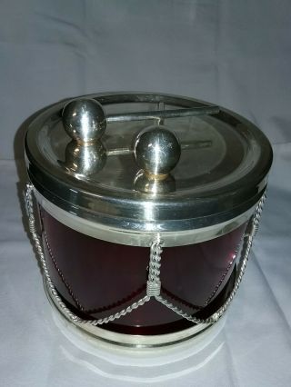 Vintage Ice Bucket Silver & Red Drum Set F.  B.  Rogers Silver Co.  S/h Usa