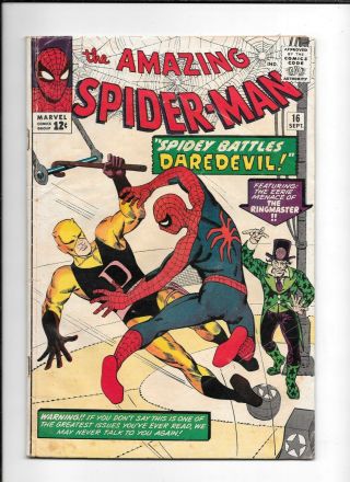 The Spider - Man 16 == Gd/vg 1st Daredevil Crossover Marvel 1964