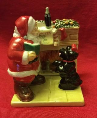 Coca Cola Earthenware Salt & Pepper Santa Claus And Black Poodle By Fireplace.
