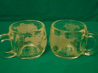 2 Vintage Nestle Nescafe Etched Clear Glass World Globe Map Coffee Mugs/cups