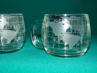 2 Vintage NESTLE NESCAFE Etched Clear Glass World Globe Map Coffee Mugs/Cups 2