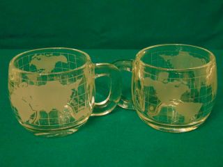 2 Vintage NESTLE NESCAFE Etched Clear Glass World Globe Map Coffee Mugs/Cups 5