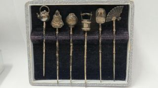 Antique Silver Toshikane Oriental Asian Cocktail Sword Picks WITH HOOK SET OF 6 3