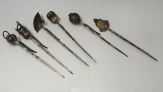 Antique Silver Toshikane Oriental Asian Cocktail Sword Picks WITH HOOK SET OF 6 8