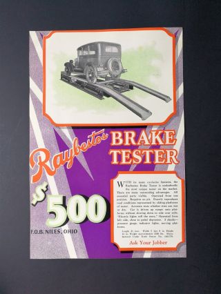 Vintage 1928 Raybestos Brake Tester - Full Page Color Ad