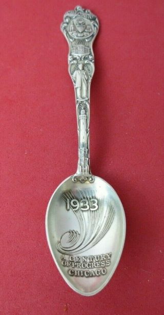 Ornate Sterling Silver Souvenir Spoon 1933 Chicago Worlds Fair Century Progress
