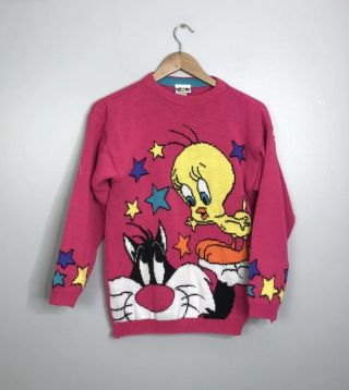 Vintage Looney Tunes Tweety Bird Sweater Girls Large 14 Pink Sylvester