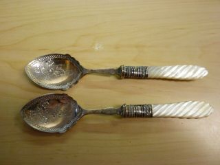 Matching Pair Epns Carved Mother Of Pearl Handle Preserve / Jam Spoons