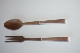 Vintage Hand Crafted Wood With Sterling Silver Handles Salad Serving Set Of 2