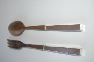 VINTAGE HAND CRAFTED WOOD WITH STERLING SILVER HANDLES SALAD SERVING SET OF 2 2