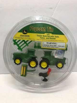 2009 John Deere Tractor Bank Set W/tools,  Fence,  Rooster Popcorn Tin Lid Cover