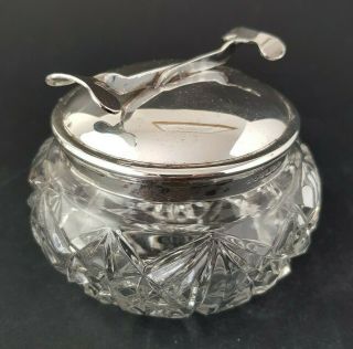 Edwardian Cut Glass Sugar Bowl With Silver Plated Lid & Integrated Tongs :b1