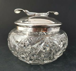 Edwardian Cut Glass Sugar Bowl with Silver Plated Lid & Integrated Tongs :B1 2
