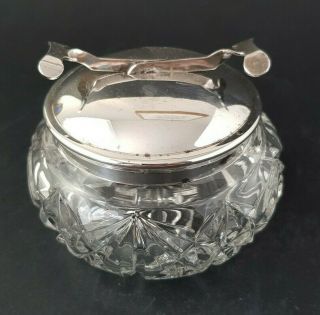 Edwardian Cut Glass Sugar Bowl with Silver Plated Lid & Integrated Tongs :B1 3