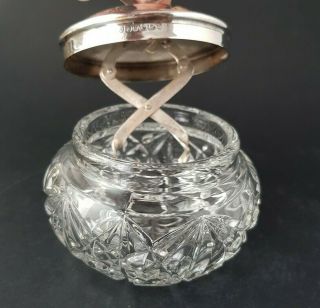 Edwardian Cut Glass Sugar Bowl with Silver Plated Lid & Integrated Tongs :B1 5