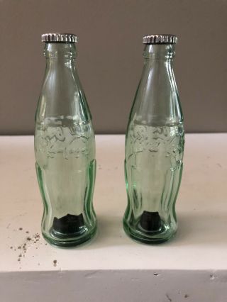 Vintage Coca Cola Bottle Salt And Pepper Shakers 4.  25 Tall Green Glass Mini
