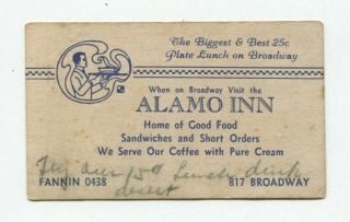 Business Card Alamo Inn San Antonio 817 Broadway Circa 1940s 25 Cent Plate Lunch
