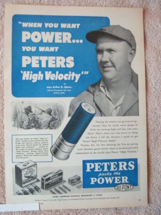 Vintage 1950 Peters High Velocity Shotgun Shells Duck Arthur K.  Spicer Print Ad