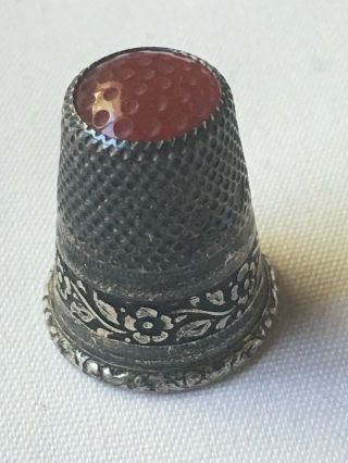Vintage Flower Sterling Silver Thimble Signed Marked Red Dimpled Top 925 Size 3