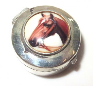 Vintage Estate 925 Sterling Silver Horse Enamel Round Pill Trinket Box