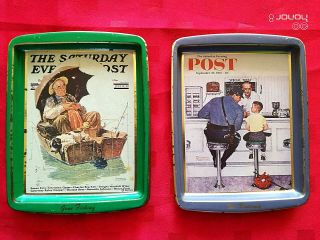 Set Of 2 Collectors Series Vintage Norman Rockwell Metal Tin Tray 7.  75 " X 6 "