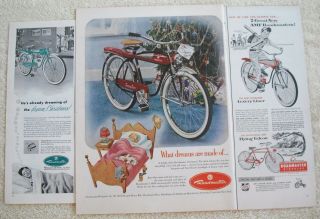 3 Vintage Roadmaster Bicycle Ads 1952 1953 1954 Bike Christmas Horn Tank Side