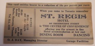 Rare Vintage Cdn.  (toronto) " St.  Regis Hotel - Room Reduction Card 50c "