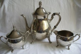 Vintage Silver Plated Teapot,  Lidded Sugar Bowl & Cream Jug.